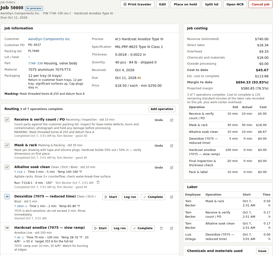 Job page: job information, the routing with seven operations showing tank and operating window for each, and the job costing and labor panels.