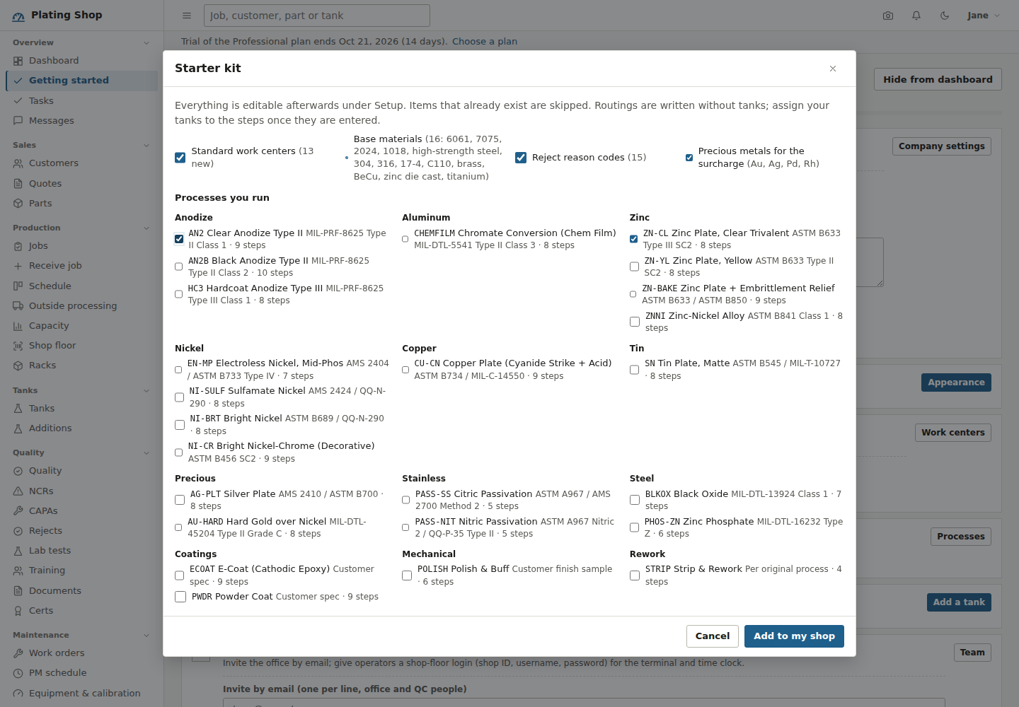 Starter kit dialog with checkboxes for standard work centers, base materials, reject reason codes and precious metals, and 25 processes grouped by family with their spec and step count, several of them ticked.