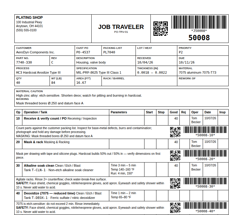 Printed job traveler for job 50008: shop header with barcode, customer, part, process and specification fields, material caution, and the operations table with tank, operating window and write-in cells for each step.
